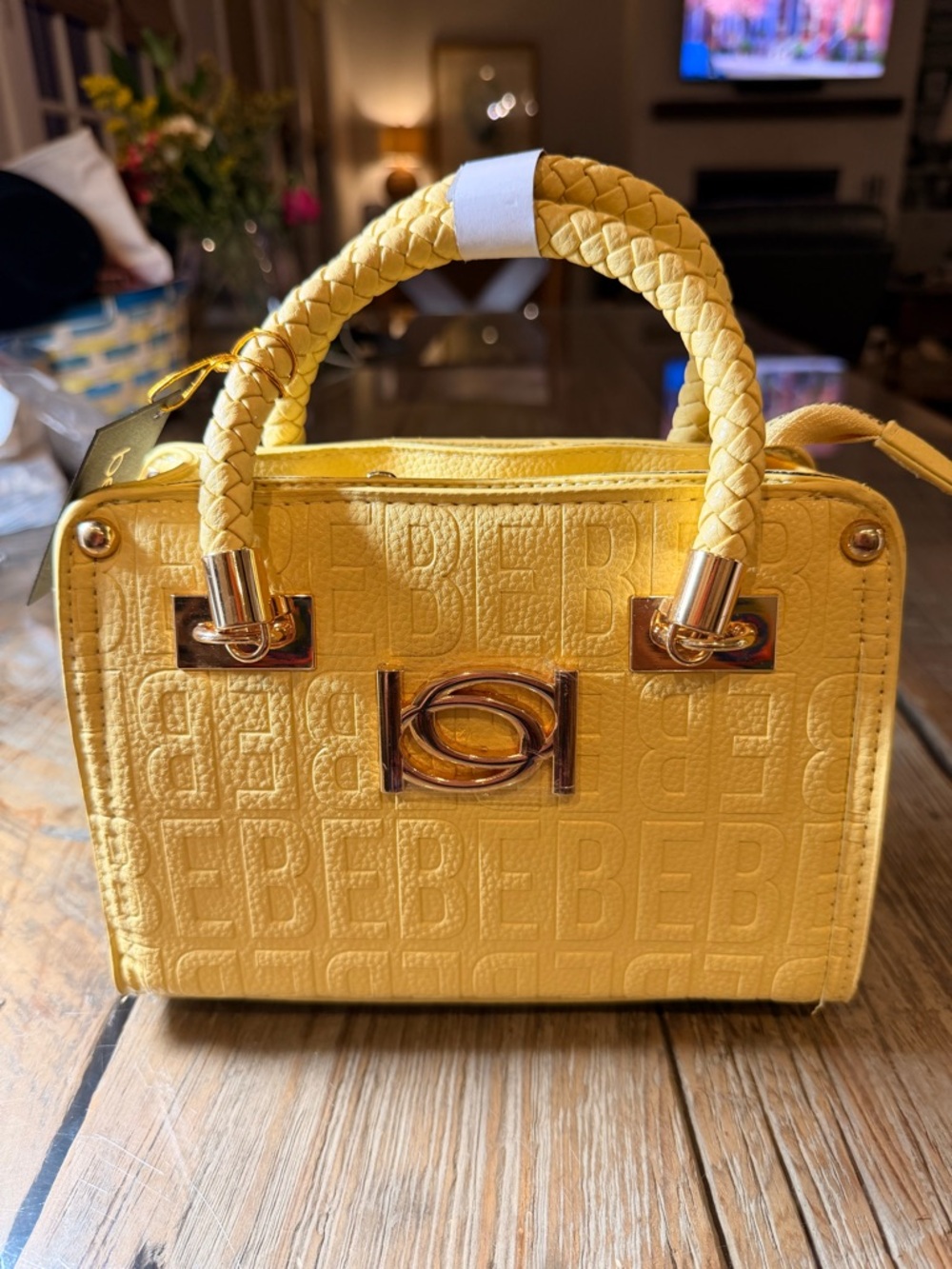 NWT! bebe Yellow Embossed Mini Satchel with Braided Handle